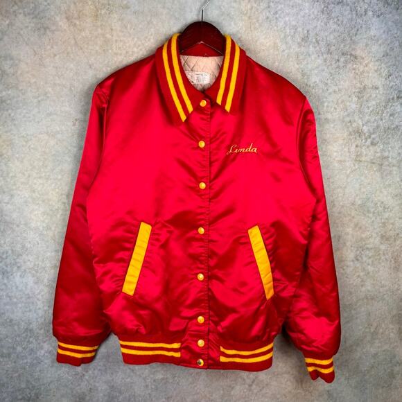 VTG 80s Satin Bomber Jacket Sz L Red Gold North Bergen Choir New Jersey Retro - Picture 1 of 8
